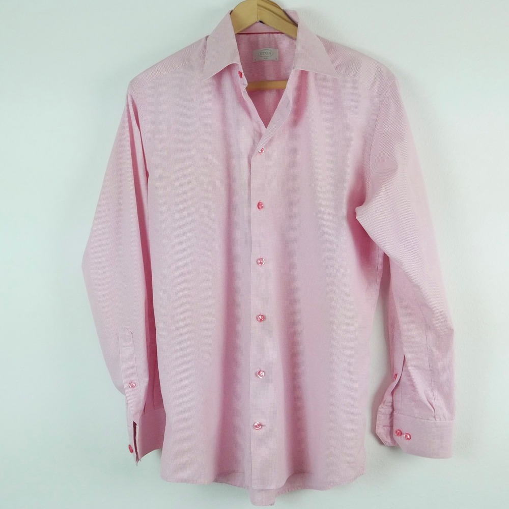 Eton Mens Slim Fit Dress Shirt Pink White Micro Check Cotton 16 41 Long Sleeve